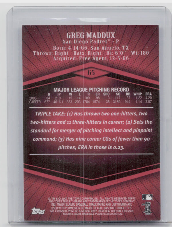 2007 Topps Triple Threads Greg Maddux SN1350 #65 Padres - Image 3