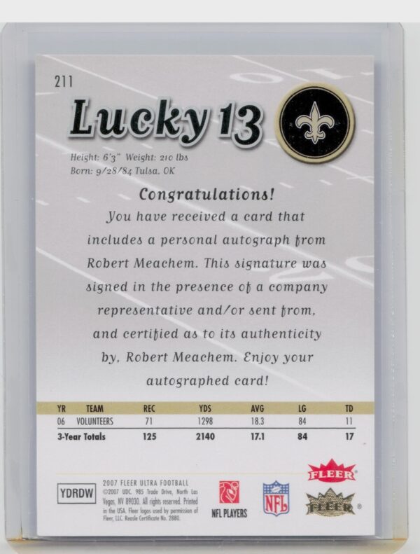 2007 Ultra Robert Meachem AU SN100 #211 Saints Rookie Autographs - Image 3