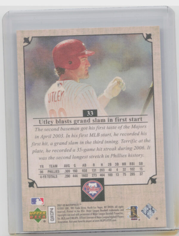 2007 Upper Deck Masterpieces Chase Utley #33 Phillies - Image 3