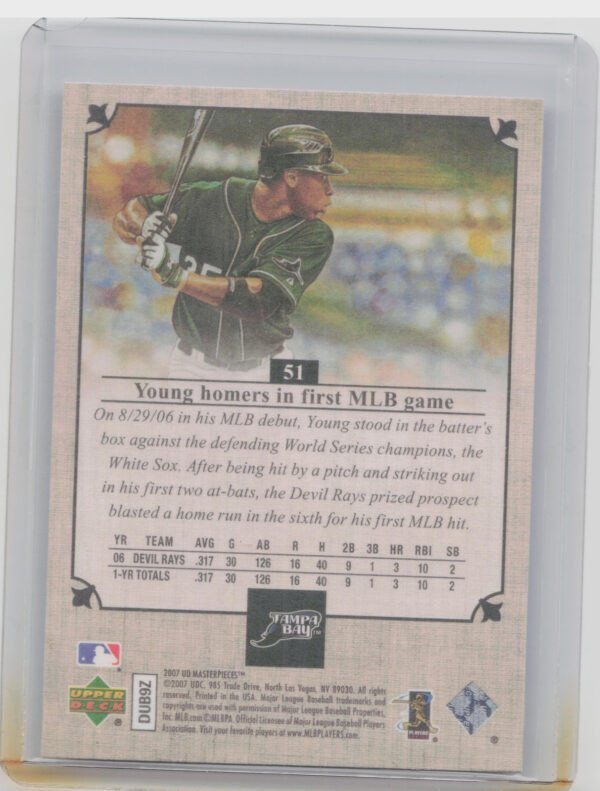 2007 Upper Deck Masterpieces Delmon Young #51 Rays - Image 3