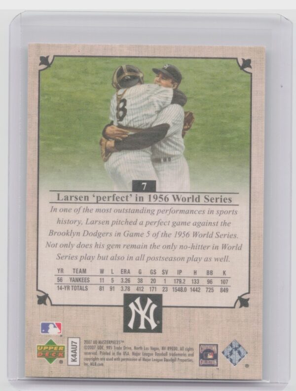 2007 Upper Deck Masterpieces Don Larsen #7 Yankees - Image 3