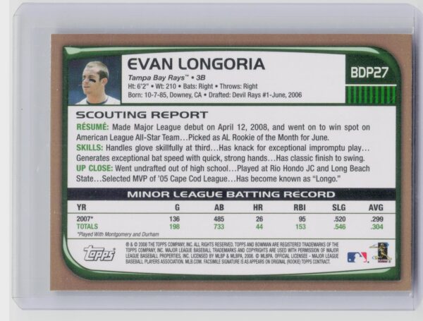 2008 Bowman Draft Picks & Prospects Evan Longoria Gold #BDP27 Rays - Image 3