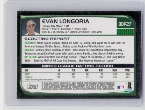 2008 Bowman Draft Picks & Prospects Evan Longoria RC #BDP27 Rays - Image 3