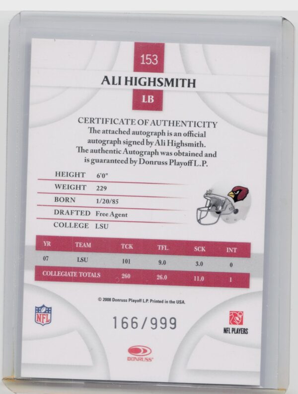 2008 Donruss Threads Ali Highsmith AU RC SN999 #153 Cardinals - Image 3