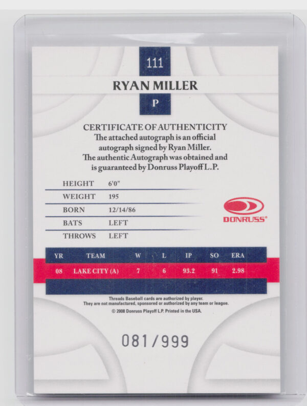 2008 Donruss Threads Ryan Miller AU RC SN999 #111 Indians - Image 3