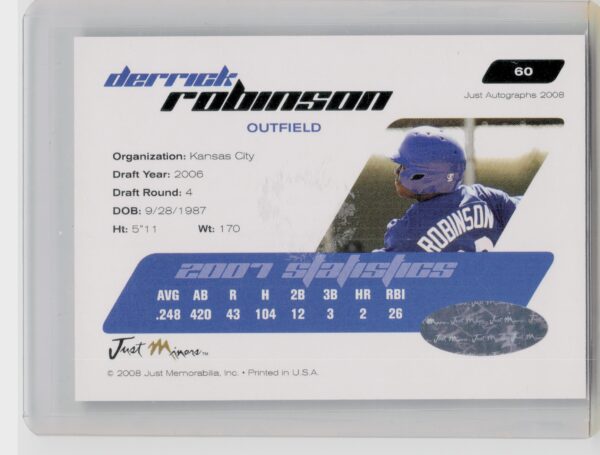 2008 Just Autographs Derrick Robinson AU #60 Royals Signatures - Image 3