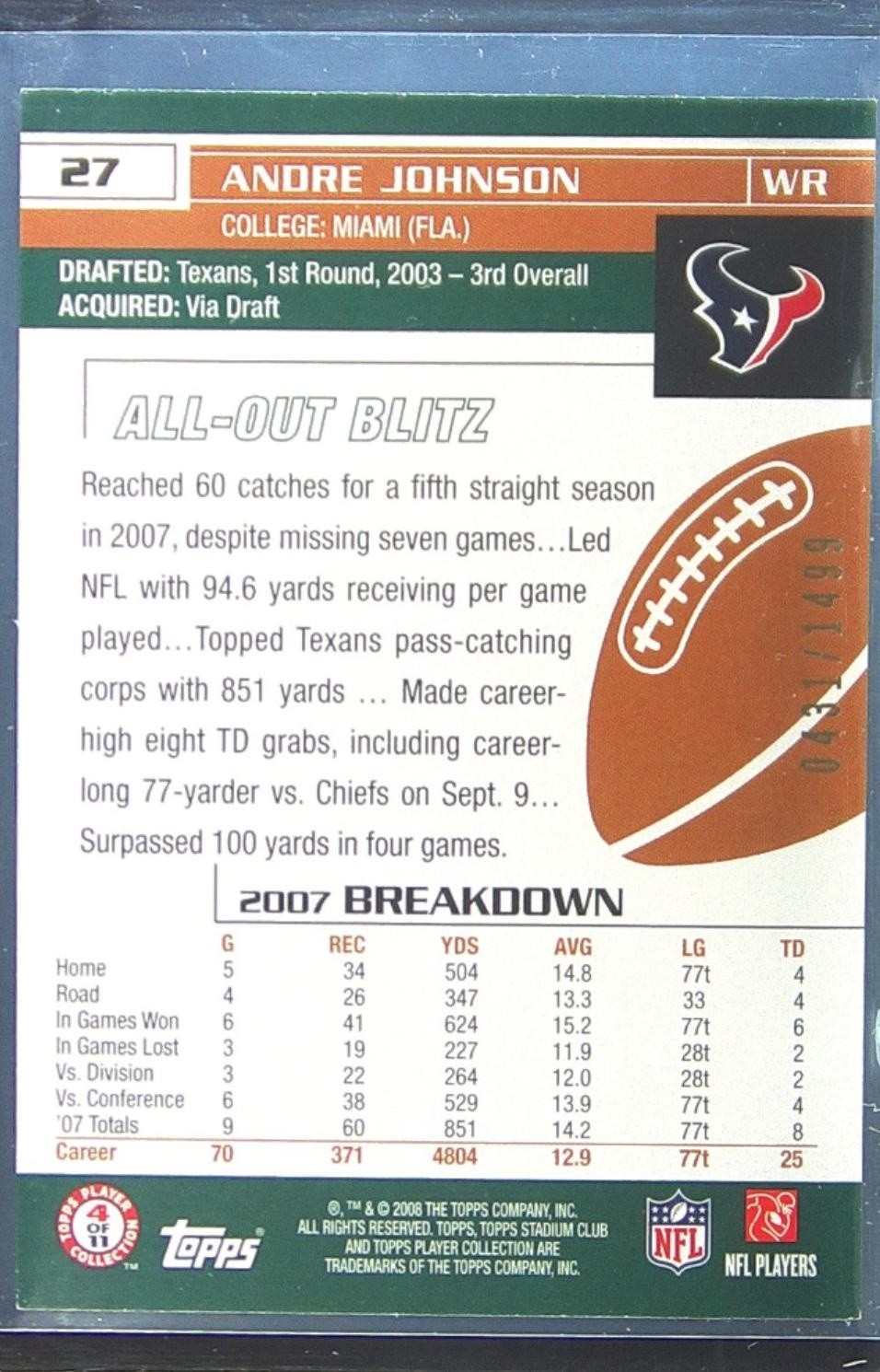 2008 Stadium Club Andre Johnson First Day Issue /1499 #27 Texans - Image 3