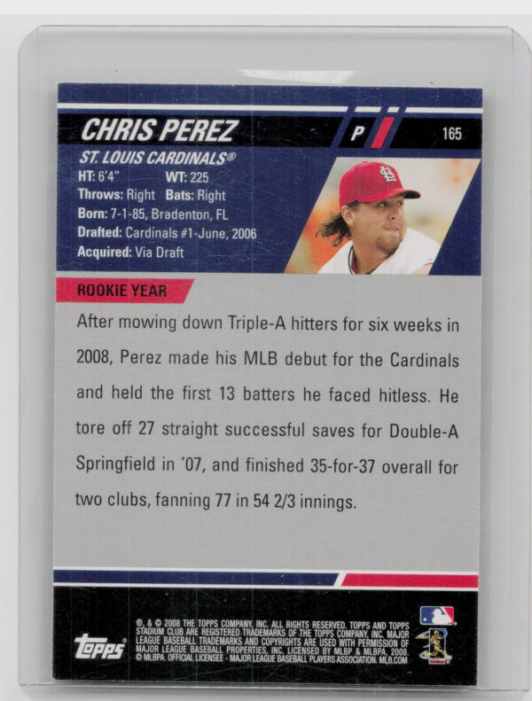 2008 Stadium Club Chris Perez AU RC #165 Cardinals - Image 3
