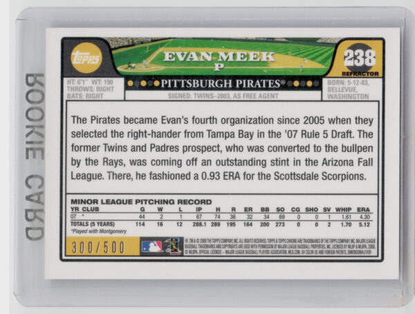 2008 Topps Chrome Evan Meek Refractors AU SN500 #238 Pirates - Image 3
