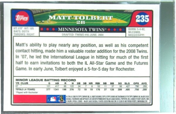 2008 Topps Chrome Matt Tolbert Auto RC #235 Twins - Image 3