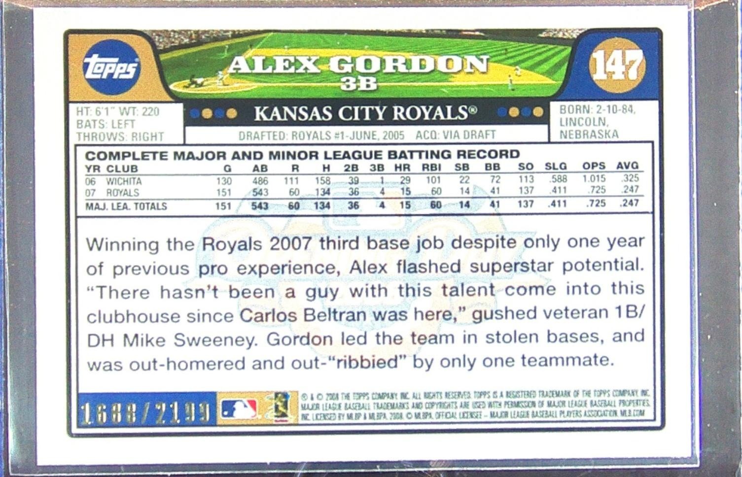 2008 Topps Opening Day Alex Gordon White /2199 #147 Royals - Image 3