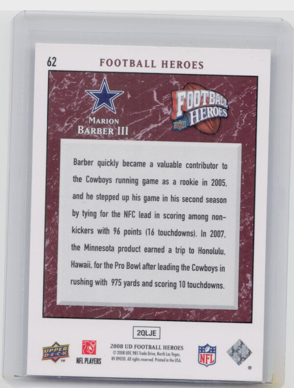 2008 Upper Deck Heroes Marion Barber #62 Cowboys - Image 3
