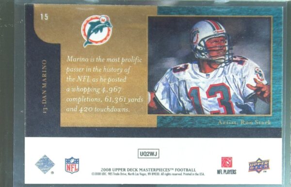 2008 Upper Deck Masterpieces Dan Marino #15 Dolphins - Image 3