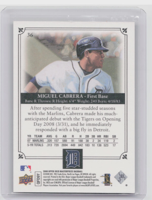 2008 Upper Deck Masterpieces Miguel Cabrera Framed Black #36 Tigers - Image 3
