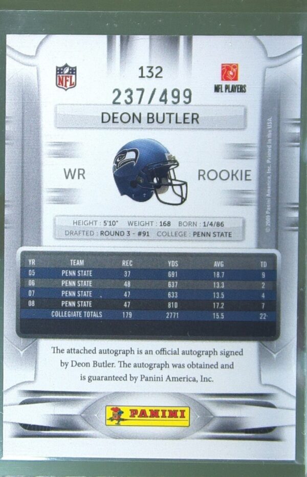 2009 Playoff Prestige Deon Butler Auto /499 RC #132 Seahawks Draft Picks Auto - Image 3