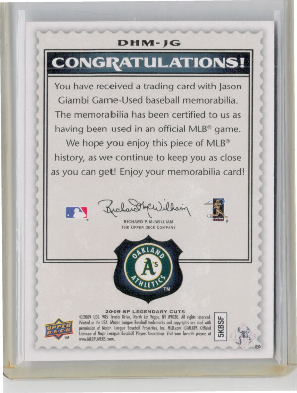 2009 SP Legendary Cuts Jason Giambi MEM #DHM-JG Yankees Destined for History Mem - Image 3