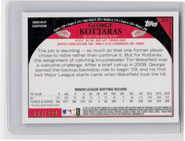 2009 Topps Chrome George Kottaras Blue Refractors AU SN199 #237 Sox - Image 3