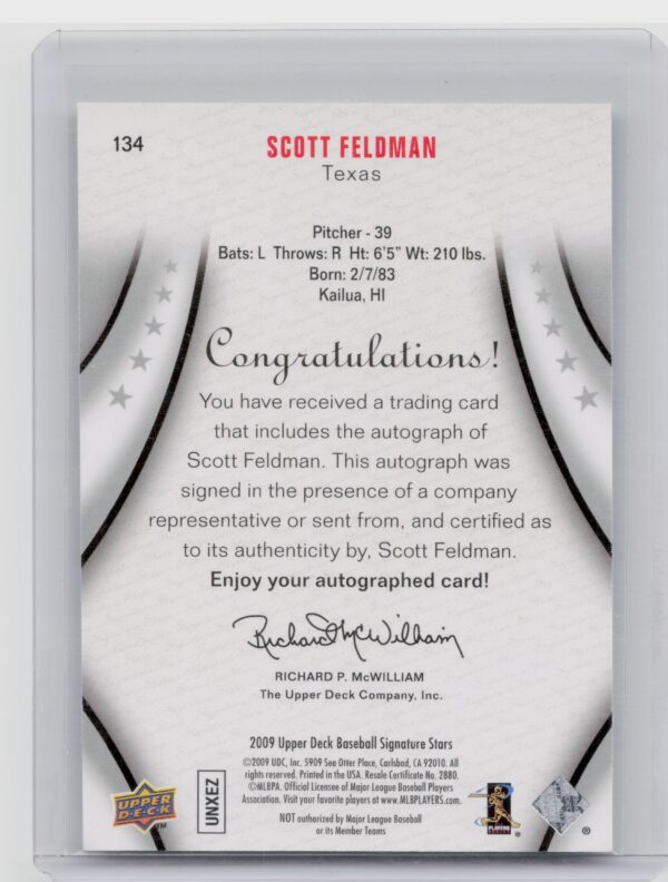 2009 Upper Deck Signature Stars Scott Feldman AU #134 Rangers - Image 3