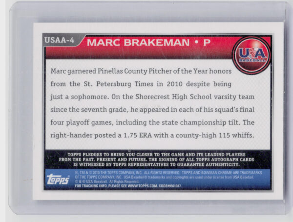 2010 Bowman Draft Picks & Prospects Marc Brakeman AU #USAA-4 USA Chrome USA Base - Image 3