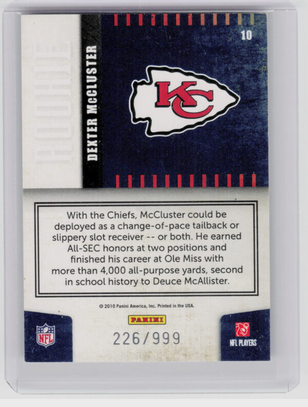 2010 Donruss Elite Dexter McCluster SN999 #10 Chiefs Rookie NFL Shield - Image 3