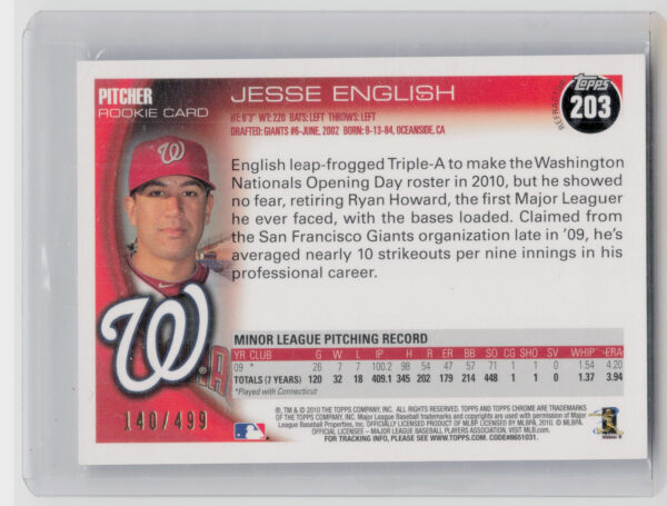 2010 Topps Chrome Jesse English AU SN499 #203 Nationals Rookie Autographs Refrac - Image 3