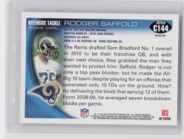 2010 Topps Chrome Rodger Saffold Refractors #C144 Rams - Image 3