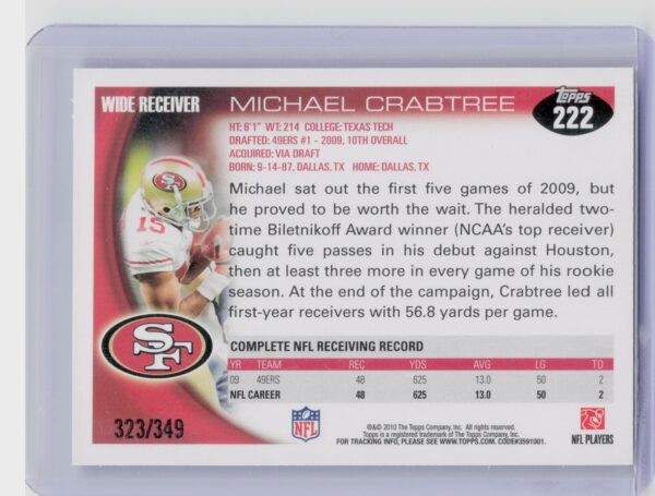 2010 Topps Michael Crabtree Blue /349 #222 49ers - Image 3