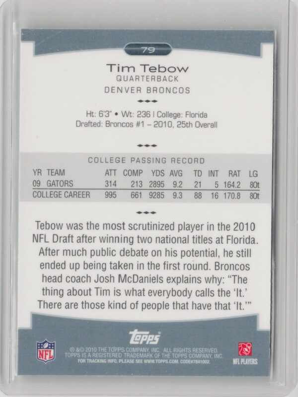 2010 Topps Platinum Tim Tebow RC #79 Broncos - Image 3