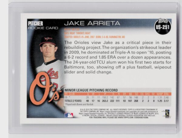 2010 Topps Update Jake Arrieta RC #US-251 Orioles - Image 3