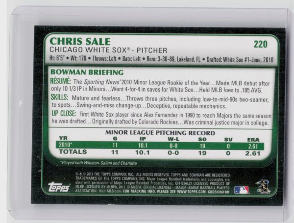 2011 Bowman Chris Sale RC #220 Sox - Image 3