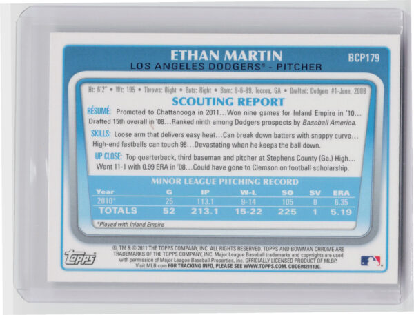 2011 Bowman Chrome Ethan Martin AU #BCP179 Dodgers Prospect Autographs - Image 3