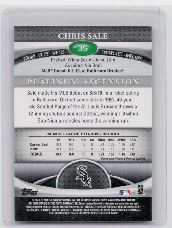 2011 Bowman Platinum Chris Sale RC #35 Sox - Image 3