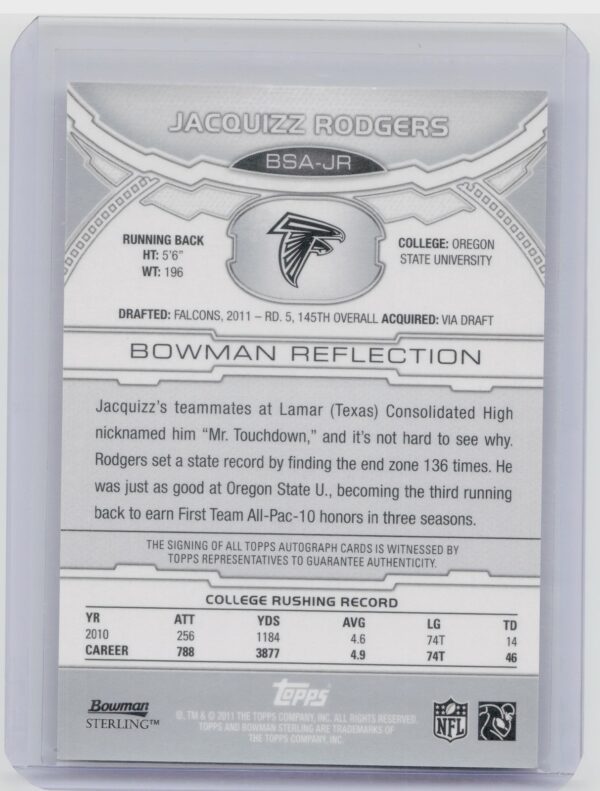 2011 Bowman Sterling Jacquizz Rodgers AU #BSA-JR Falcons Autographs - Image 3