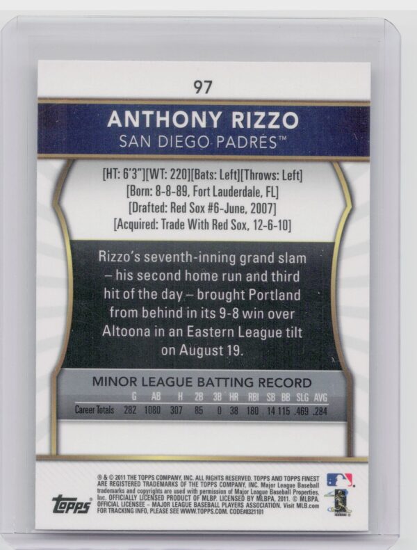 2011 Finest Anthony Rizzo RC #97 Padres - Image 3