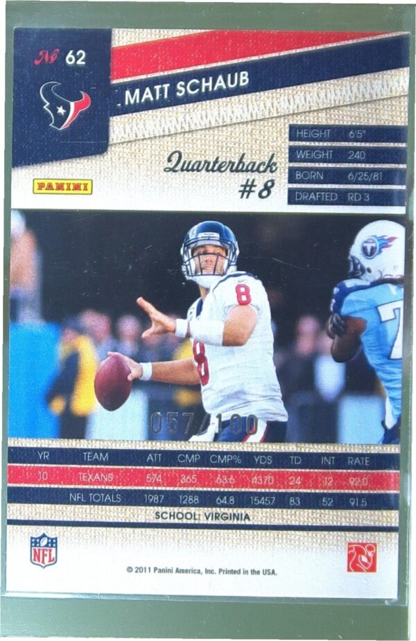 2011 Panini Threads Matt Schaub Gold /100 #62 Texans - Image 3
