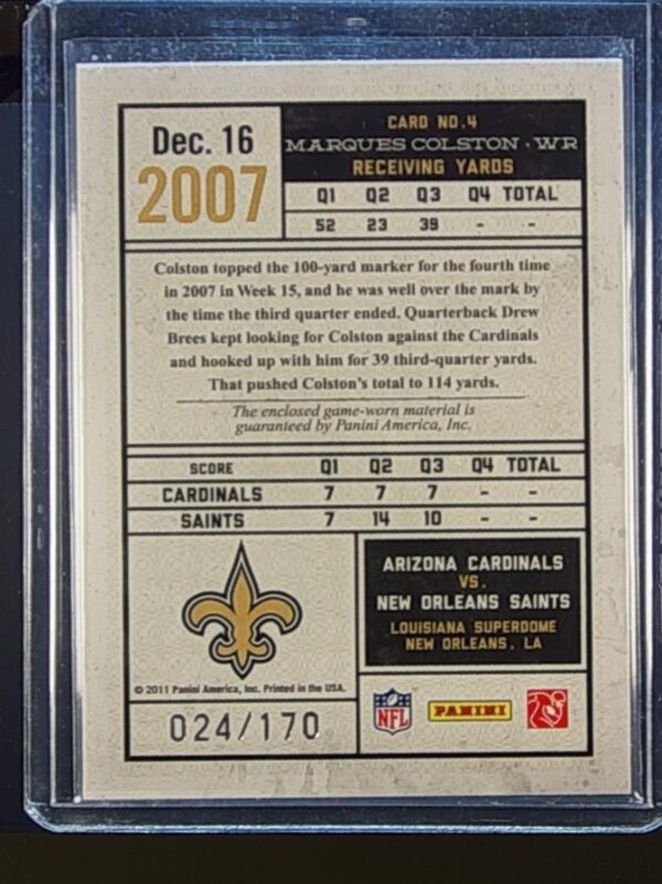 2011 Panini Timeless Treasures Marques Colston /170 JSY #4 Saints - Image 3