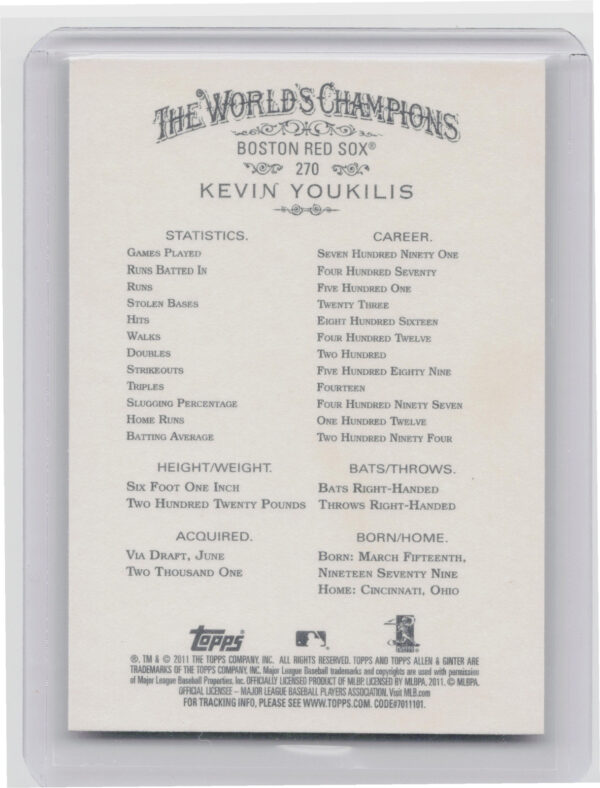 2011 Topps Allen & Ginter Kevin Youkilis Code Cards #270 Sox - Image 3