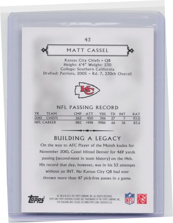2011 Topps Gridiron Legends Matt Cassel Gold /99 #43 Chiefs - Image 3