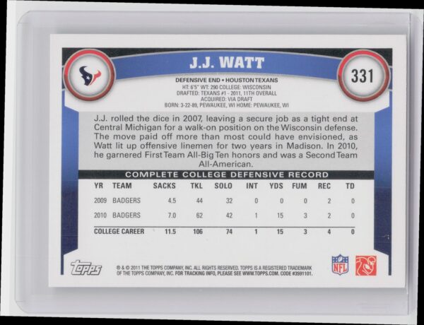 2011 Topps J.J. Watt Rookie RC #331 Texans - Image 3