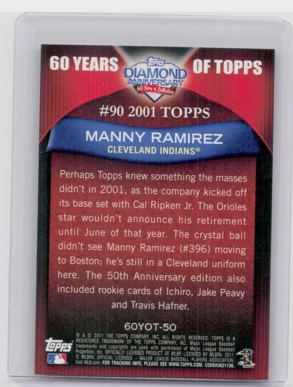 2011 Topps Manny Ramirez #60YOT-50 Indians 60 Years of Topps - Image 3