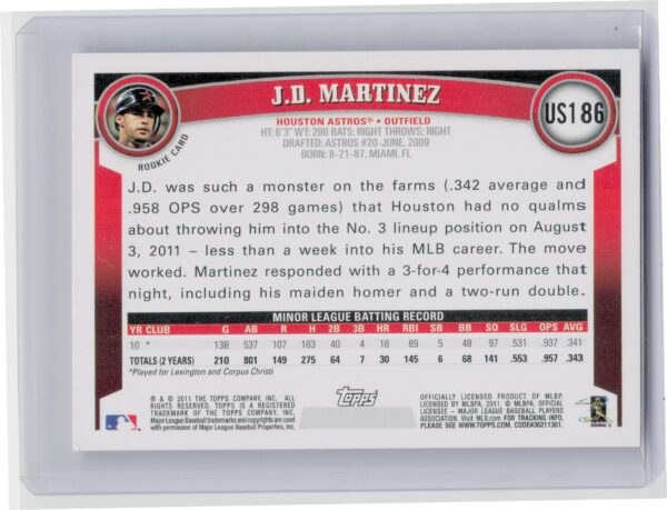 2011 Topps Update J.D. Martinez RC #US186 Astros - Image 3