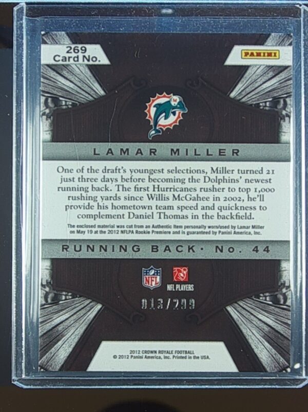 2012 Crown Royale Lamar Miller Retail /299 RC JSY #269 Dolphins - Image 3