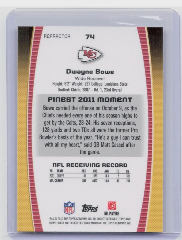 2012 Finest Dwayne Bowe Prism Refractors #74 Chiefs - Image 3