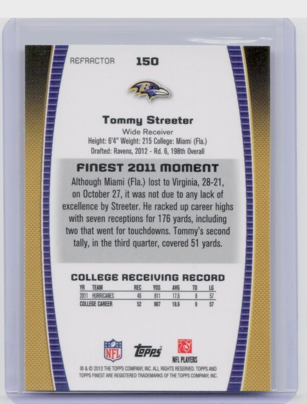 2012 Finest Tommy Streeter Refractors #150 Ravens - Image 3