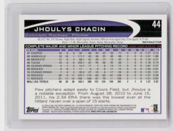 2012 Topps Chrome Jhoulys Chacin Orange Refractors #44 Rockies - Image 3