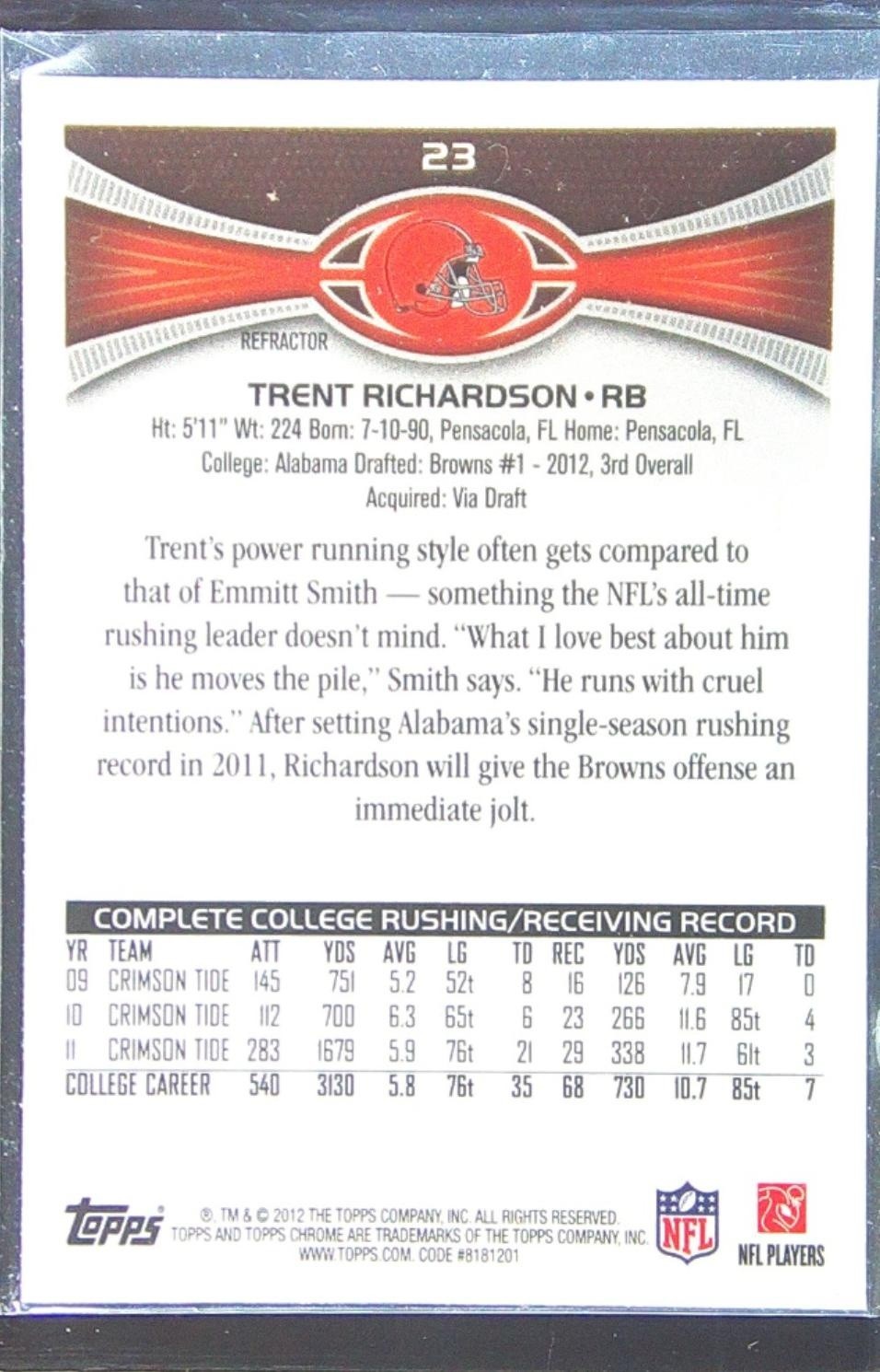 2012 Topps Chrome Trent Richardson Orange Refractors RC #23 Browns - Image 3