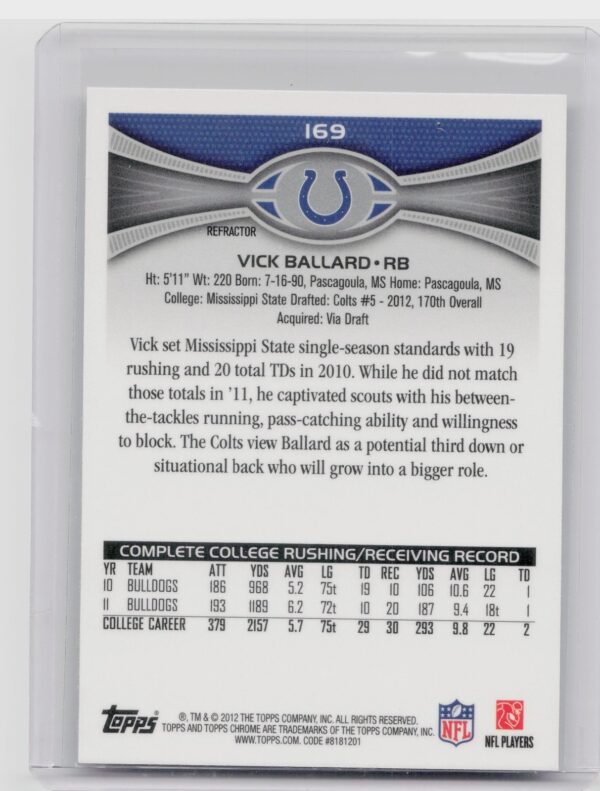 2012 Topps Chrome Vick Ballard Xfractors #169 Colts - Image 3