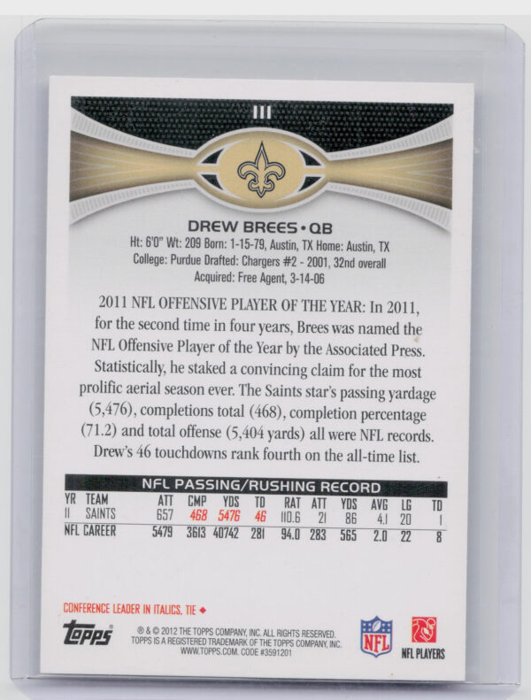 2012 Topps Drew Brees #111 Saints - Image 3
