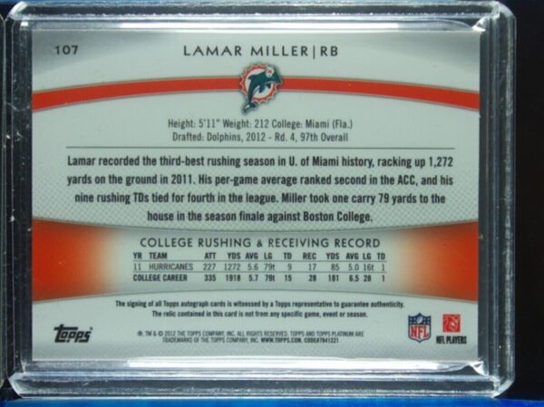 2012 Topps Platinum Lamar Miller AU SN125 MEM #107 Dolphins Rookie Patch Autogra - Image 3