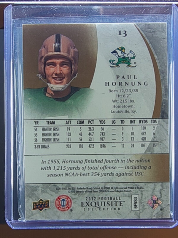 2012 Upper Deck Exquisite Collection Paul Hornung SN85 #13 Irish - Image 3